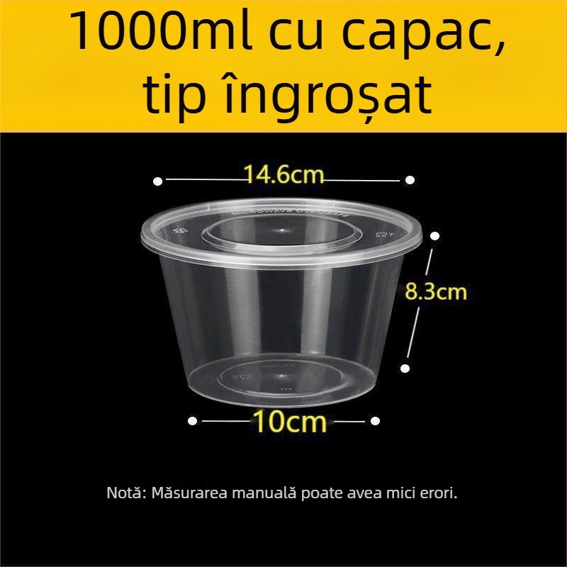 Cutie de prânz de unică folosință, rotundă, 1000 ml, din plastic, transparentă, cu bol pentru supă, pentru take-away