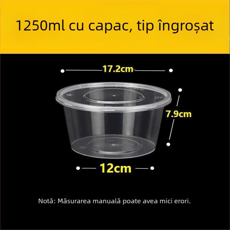 Cutie de prânz de unică folosință, rotundă, 1000 ml, din plastic, transparentă, cu bol pentru supă, pentru take-away