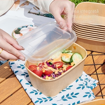 Cutie de unică folosință din hârtie kraft, pătrată, pentru livrare la pachet, cu bol din hârtie etanș, pentru camping și picnic; nu este compatibilă cu microundele; potrivită pentru mese tip bento.