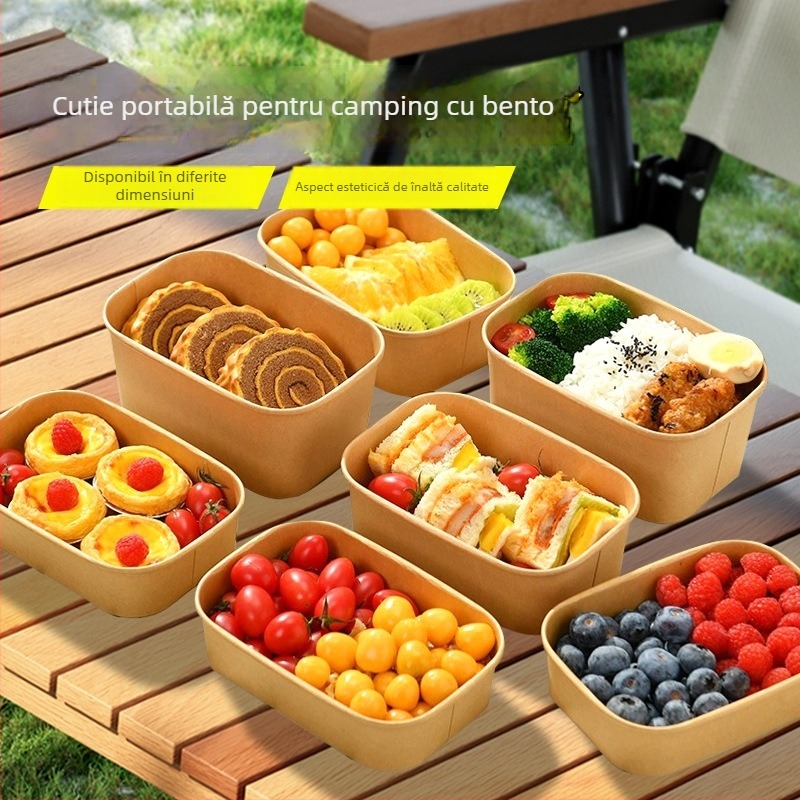 Cutie de unică folosință din hârtie kraft, pătrată, pentru livrare la pachet, cu bol din hârtie etanș, pentru camping și picnic; nu este compatibilă cu microundele; potrivită pentru mese tip bento.