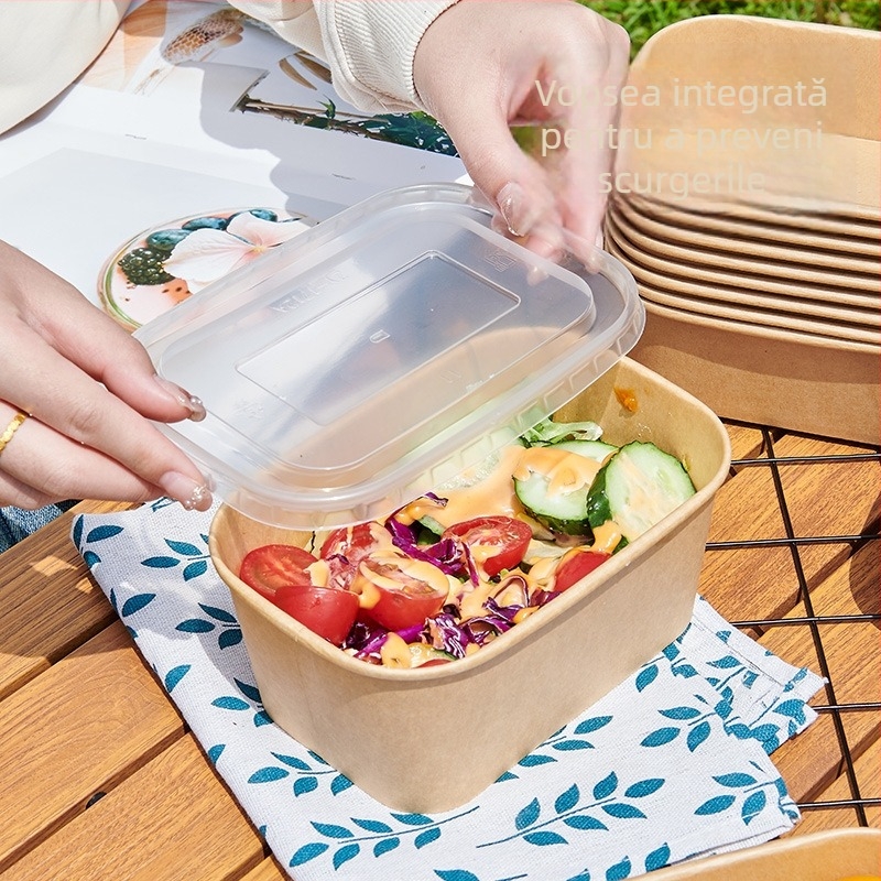 Cutie de unică folosință din hârtie kraft, pătrată, pentru livrare la pachet, cu bol din hârtie etanș, pentru camping și picnic; nu este compatibilă cu microundele; potrivită pentru mese tip bento.