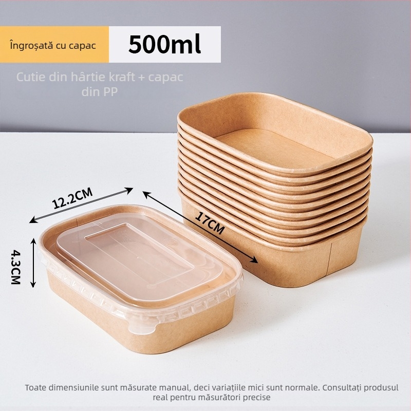 Cutie de unică folosință din hârtie kraft, pătrată, pentru livrare la pachet, cu bol din hârtie etanș, pentru camping și picnic; nu este compatibilă cu microundele; potrivită pentru mese tip bento.