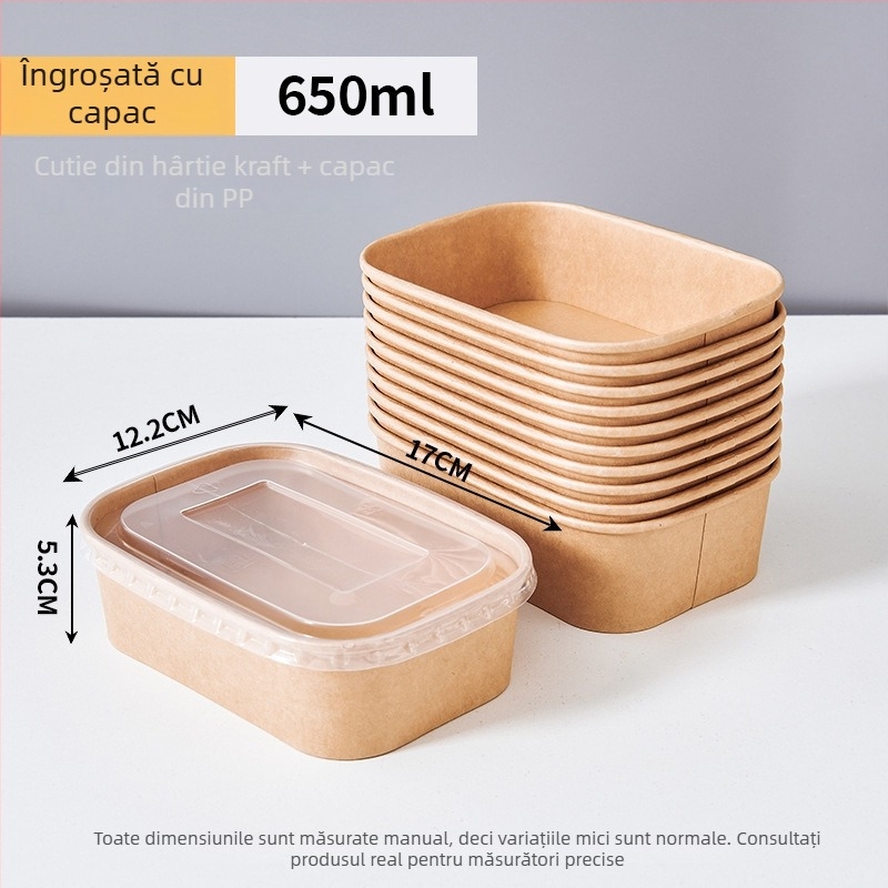 Cutie de unică folosință din hârtie kraft, pătrată, pentru livrare la pachet, cu bol din hârtie etanș, pentru camping și picnic; nu este compatibilă cu microundele; potrivită pentru mese tip bento.