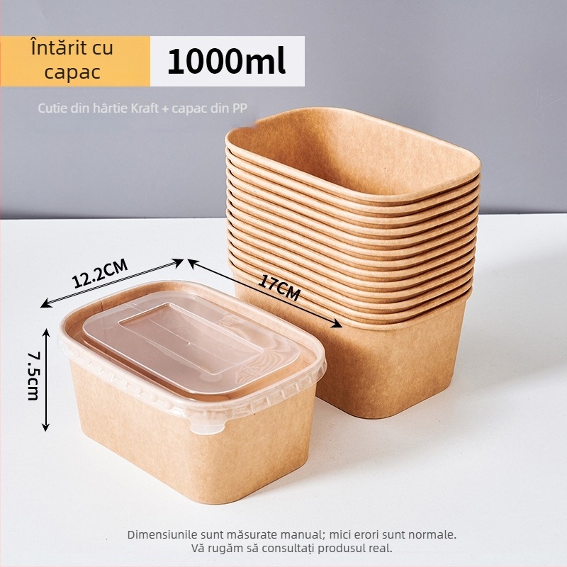 Cutie de unică folosință din hârtie kraft, pătrată, pentru livrare la pachet, cu bol din hârtie etanș, pentru camping și picnic; nu este compatibilă cu microundele; potrivită pentru mese tip bento.