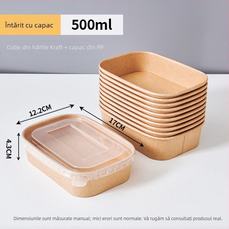 Cutie de unică folosință din hârtie kraft, pătrată, pentru livrare la pachet, cu bol din hârtie etanș, pentru camping și picnic; nu este compatibilă cu microundele; potrivită pentru mese tip bento.