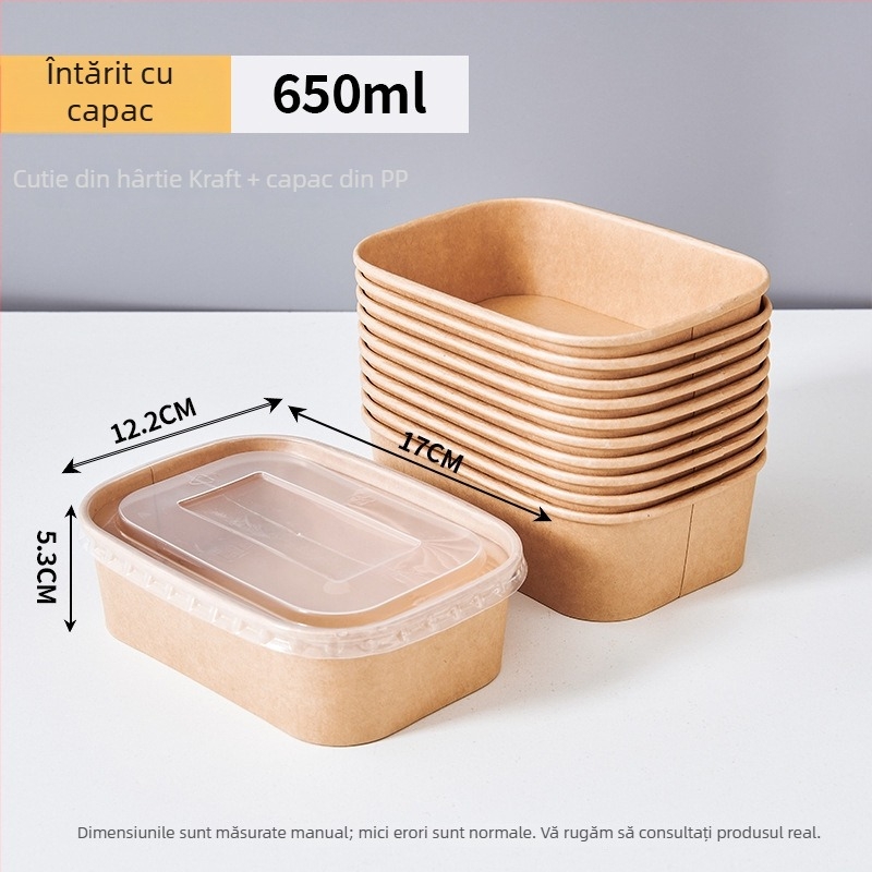 Cutie de unică folosință din hârtie kraft, pătrată, pentru livrare la pachet, cu bol din hârtie etanș, pentru camping și picnic; nu este compatibilă cu microundele; potrivită pentru mese tip bento.
