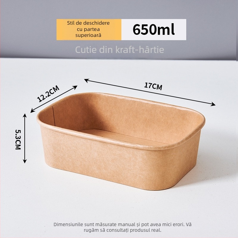 Cutie de unică folosință din hârtie kraft, pătrată, pentru livrare la pachet, cu bol din hârtie etanș, pentru camping și picnic; nu este compatibilă cu microundele; potrivită pentru mese tip bento.