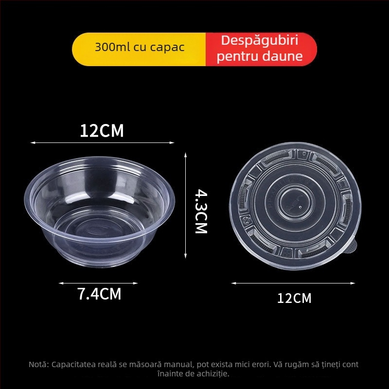 Vas de unică folosință din plastic, rotund, cu pereți groși, pentru mâncare la pachet, capacitate 300–900 ml, 600 buc./cutie