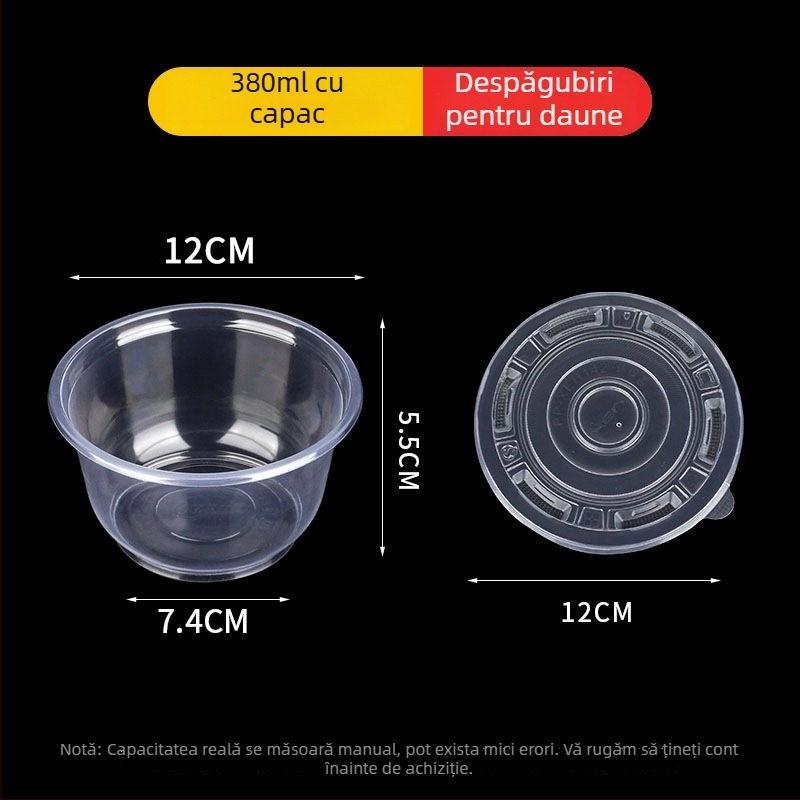 Vas de unică folosință din plastic, rotund, cu pereți groși, pentru mâncare la pachet, capacitate 300–900 ml, 600 buc./cutie