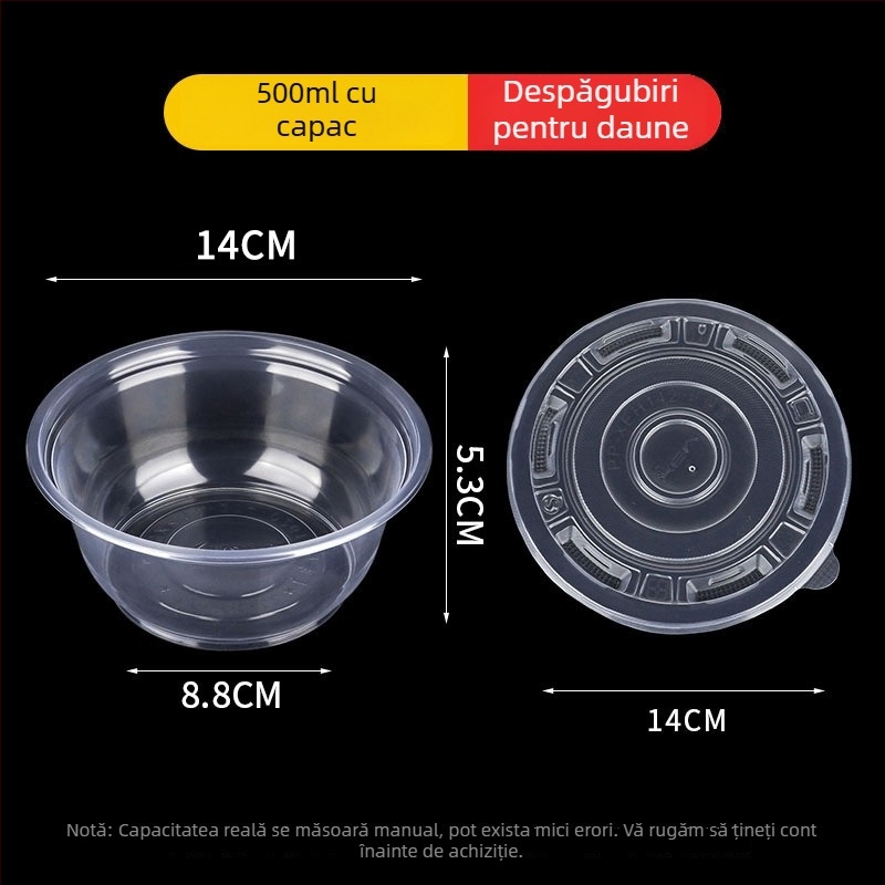 Vas de unică folosință din plastic, rotund, cu pereți groși, pentru mâncare la pachet, capacitate 300–900 ml, 600 buc./cutie