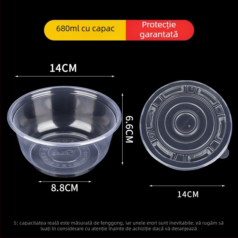 Vas de unică folosință din plastic, rotund, cu pereți groși, pentru mâncare la pachet, capacitate 300–900 ml, 600 buc./cutie