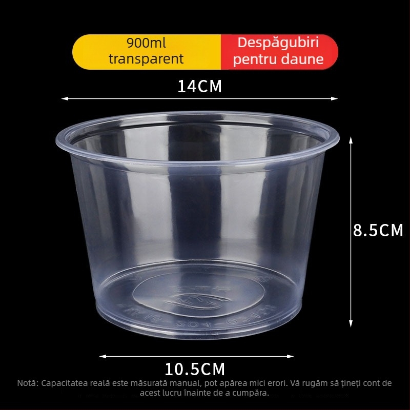 Vas de unică folosință din plastic, rotund, cu pereți groși, pentru mâncare la pachet, capacitate 300–900 ml, 600 buc./cutie