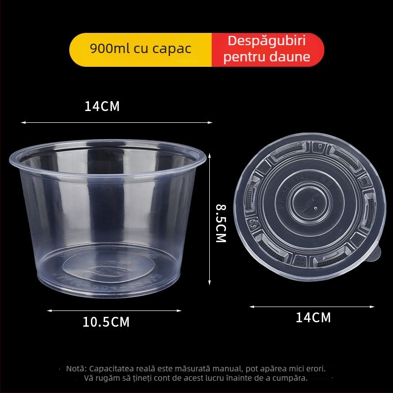 Vas de unică folosință din plastic, rotund, cu pereți groși, pentru mâncare la pachet, capacitate 300–900 ml, 600 buc./cutie