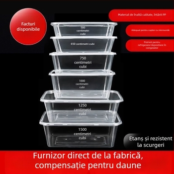Cutie de prânz de unică folosință, dreptunghiulară, cu capac, transparentă, 1000 ml, plastic PP, compatibilă cu cuptorul cu microunde