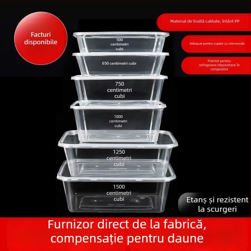 Cutie de prânz de unică folosință, dreptunghiulară, cu capac, transparentă, 1000 ml, plastic PP, compatibilă cu cuptorul cu microunde