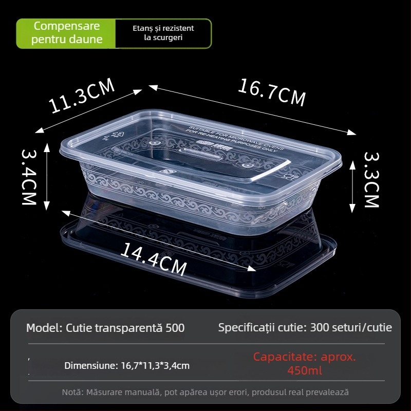 Cutie de prânz de unică folosință, dreptunghiulară, cu capac, transparentă, 1000 ml, plastic PP, compatibilă cu cuptorul cu microunde