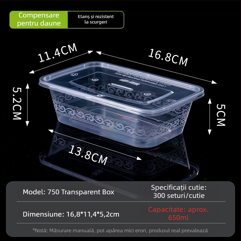 Cutie de prânz de unică folosință, dreptunghiulară, cu capac, transparentă, 1000 ml, plastic PP, compatibilă cu cuptorul cu microunde
