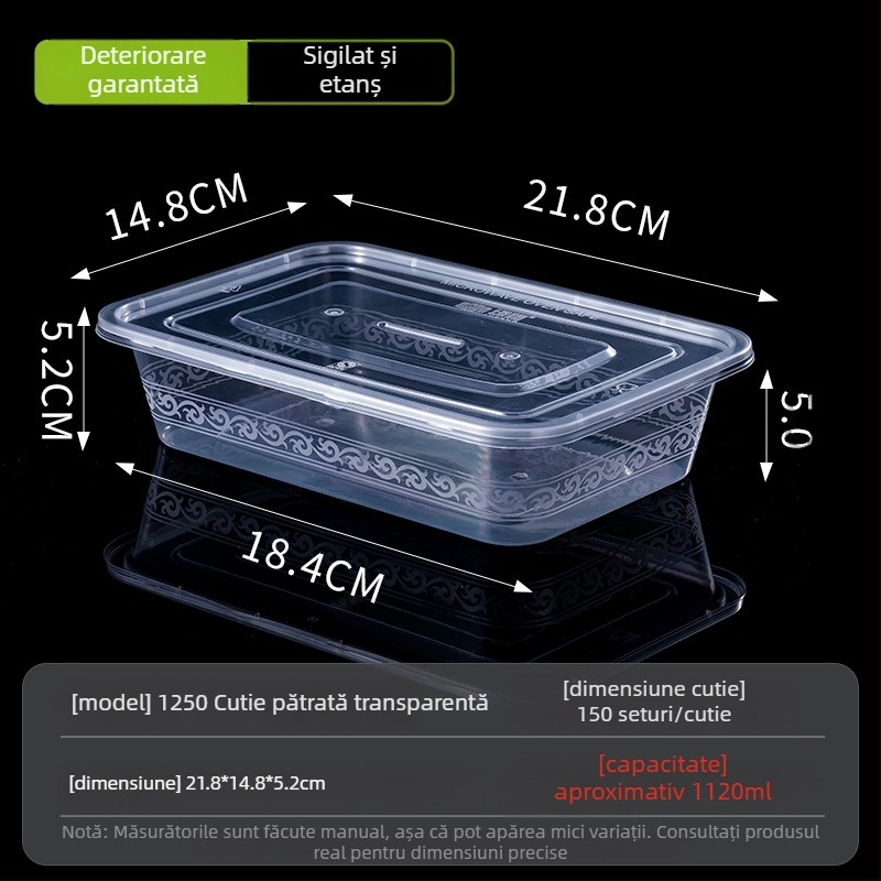 Cutie de prânz de unică folosință, dreptunghiulară, cu capac, transparentă, 1000 ml, plastic PP, compatibilă cu cuptorul cu microunde