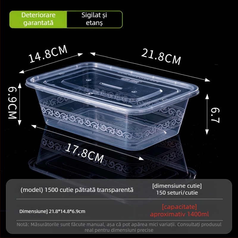 Cutie de prânz de unică folosință, dreptunghiulară, cu capac, transparentă, 1000 ml, plastic PP, compatibilă cu cuptorul cu microunde