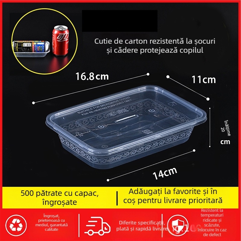 Cutie de prânz de unică folosință, dreptunghiulară, cu capac, transparentă, 1000 ml, plastic PP, compatibilă cu cuptorul cu microunde
