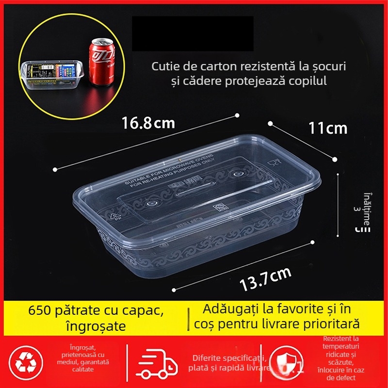 Cutie de prânz de unică folosință, dreptunghiulară, cu capac, transparentă, 1000 ml, plastic PP, compatibilă cu cuptorul cu microunde
