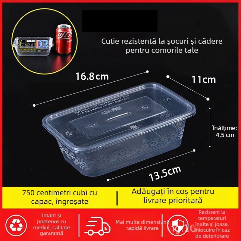 Cutie de prânz de unică folosință, dreptunghiulară, cu capac, transparentă, 1000 ml, plastic PP, compatibilă cu cuptorul cu microunde