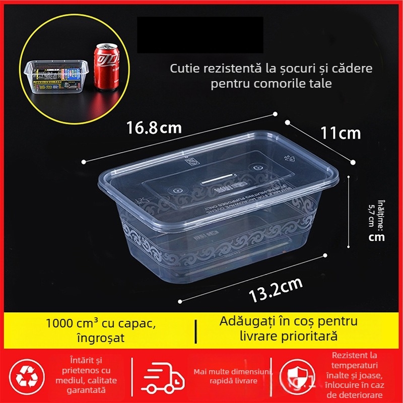 Cutie de prânz de unică folosință, dreptunghiulară, cu capac, transparentă, 1000 ml, plastic PP, compatibilă cu cuptorul cu microunde