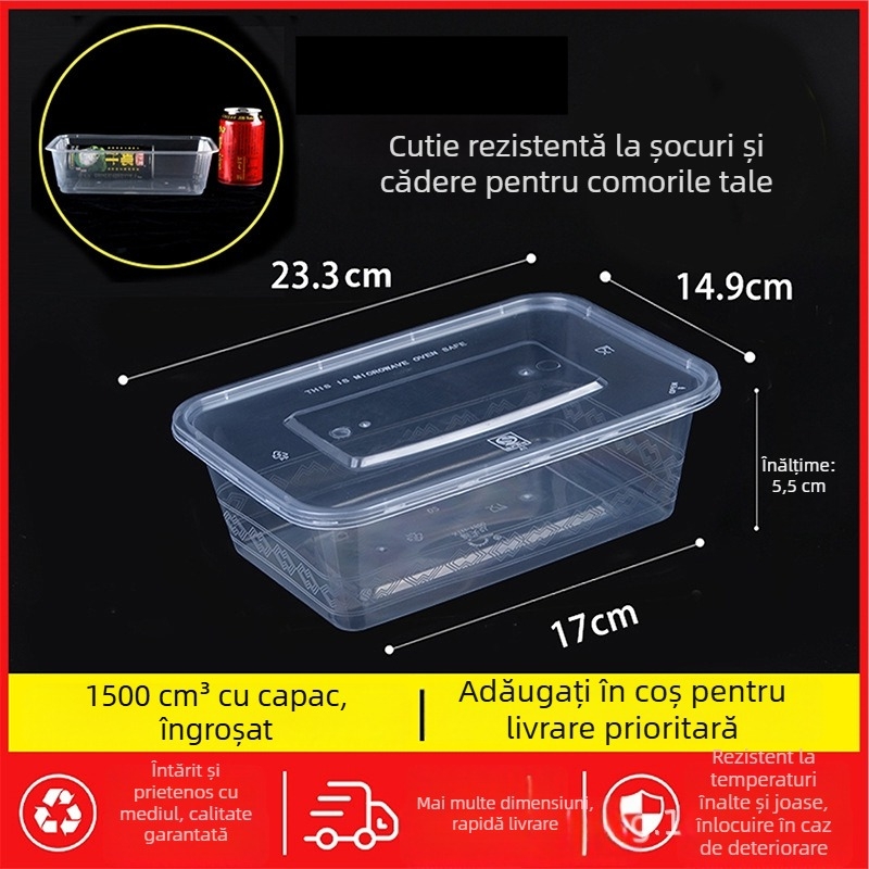 Cutie de prânz de unică folosință, dreptunghiulară, cu capac, transparentă, 1000 ml, plastic PP, compatibilă cu cuptorul cu microunde