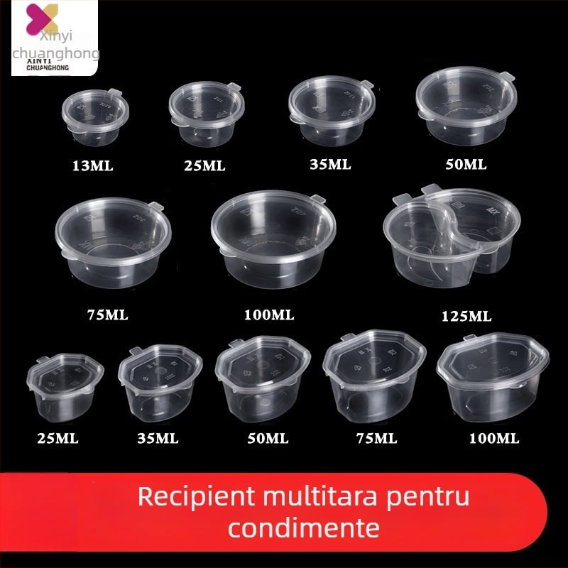 Cupă de sos de unică folosință pentru take-out cu capac, din plastic, compatibilă cu microunde, imprimare logo disponibilă, personalizare disponibilă
