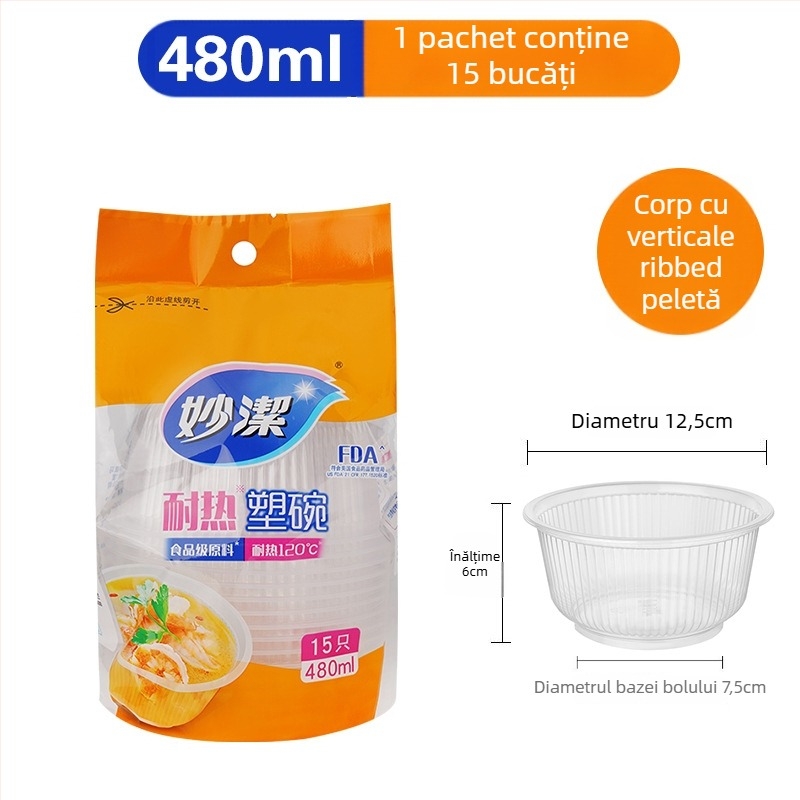 Miaojie bol plastic de unică folosință, rotund – fără capac, 420 ml/480 ml