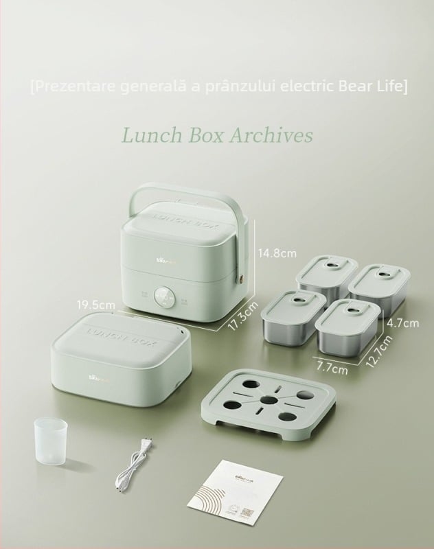 Bear cutie electrică de prânz, izolată, cu două niveluri și patru compartimente, DFH-G16W7, capacitate 1.6–2.0 L, vas interior din oțel inoxidabil 304, 270W, 220V, control cu buton