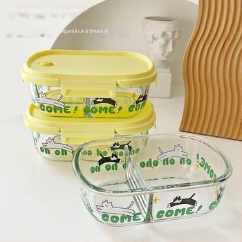 Cutie de prânz din sticlă cu compartimente separate, compatibilă cu microundele, reutilizabilă, capacitate 800–1000 ml