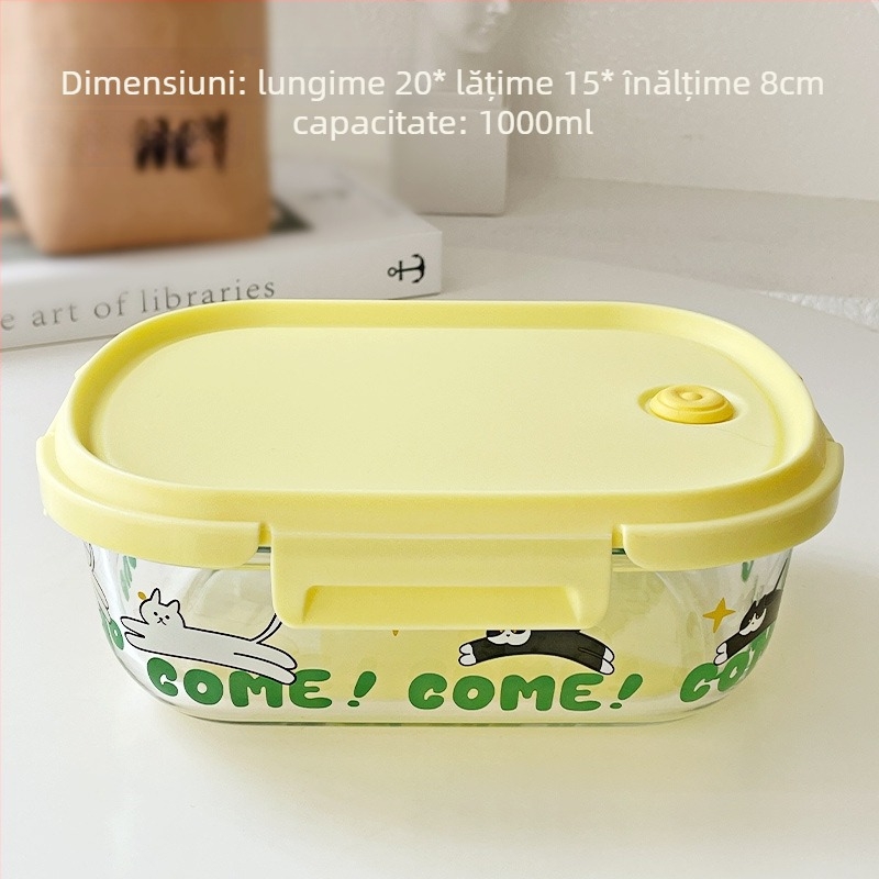 Cutie de prânz din sticlă cu compartimente separate, compatibilă cu microundele, reutilizabilă, capacitate 800–1000 ml