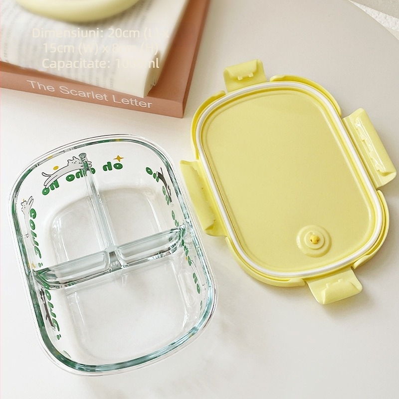 Cutie de prânz din sticlă cu compartimente separate, compatibilă cu microundele, reutilizabilă, capacitate 800–1000 ml