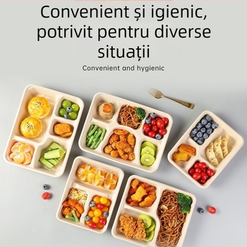 Cutie de prânz biodegradabilă, cu mai multe compartimente din pulpă de trestie de zahăr (3/4/5 compartimente), compatibilă cu cuptorul cu microunde, 25 buc./pachet