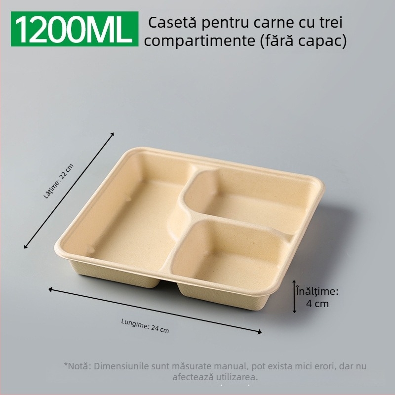 Cutie de prânz biodegradabilă, cu mai multe compartimente din pulpă de trestie de zahăr (3/4/5 compartimente), compatibilă cu cuptorul cu microunde, 25 buc./pachet