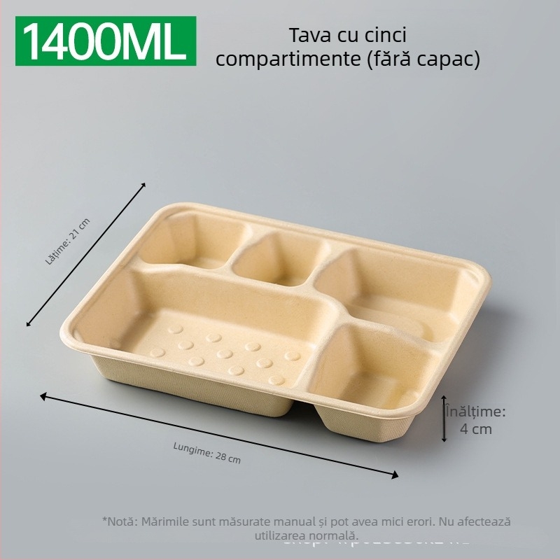 Cutie de prânz biodegradabilă, cu mai multe compartimente din pulpă de trestie de zahăr (3/4/5 compartimente), compatibilă cu cuptorul cu microunde, 25 buc./pachet