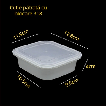 Cutie de prânz de unică folosință, pătrată cu capac, PP alimentar, construcție îngroșată, sistem de închidere antifurt, incompatibilă cu cuptorul cu microunde