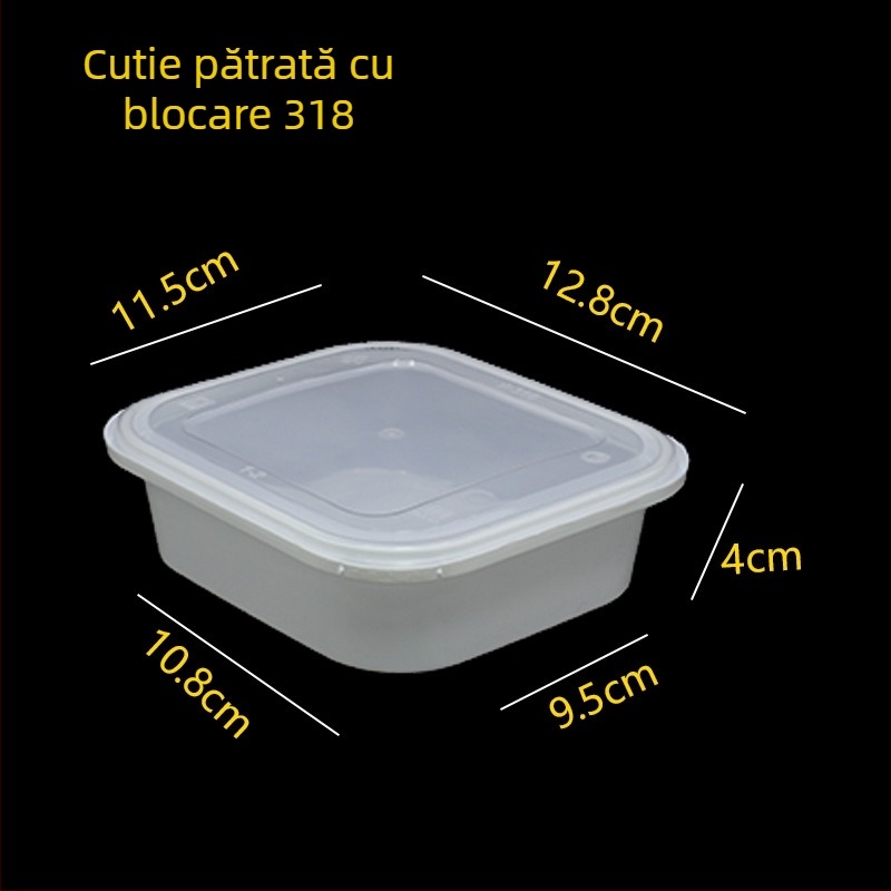 Cutie de prânz de unică folosință, pătrată cu capac, PP alimentar, construcție îngroșată, sistem de închidere antifurt, incompatibilă cu cuptorul cu microunde