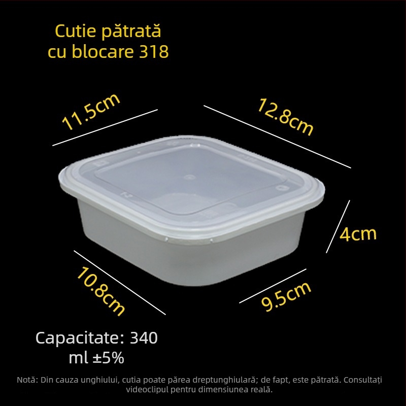 Cutie de prânz de unică folosință, pătrată cu capac, PP alimentar, construcție îngroșată, sistem de închidere antifurt, incompatibilă cu cuptorul cu microunde