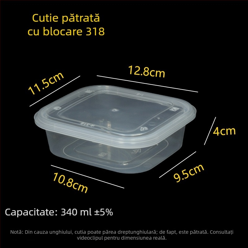 Cutie de prânz de unică folosință, pătrată cu capac, PP alimentar, construcție îngroșată, sistem de închidere antifurt, incompatibilă cu cuptorul cu microunde