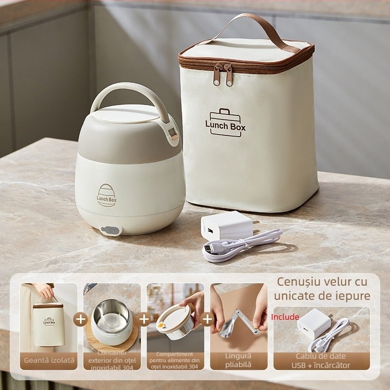 Cutie electrică pentru prânz cu încălzire fără apă, recipient interior din oțel inoxidabil 304, 20W, 220V, USB sau alimentare de mașină, păstrează caldă când este conectată