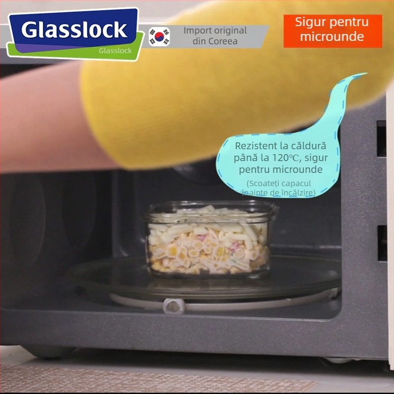 GlassLOCK cutie Bento din sticlă temperată, compatibilă cu microunde, capac etanș, 800–1000 ml