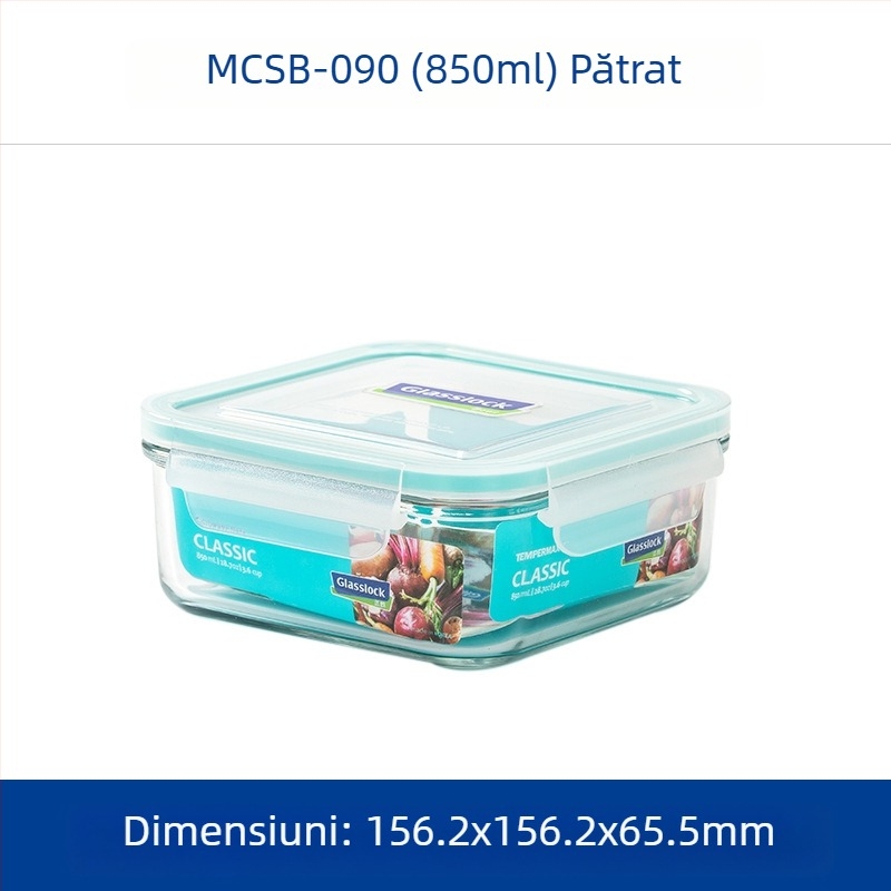GlassLOCK cutie Bento din sticlă temperată, compatibilă cu microunde, capac etanș, 800–1000 ml