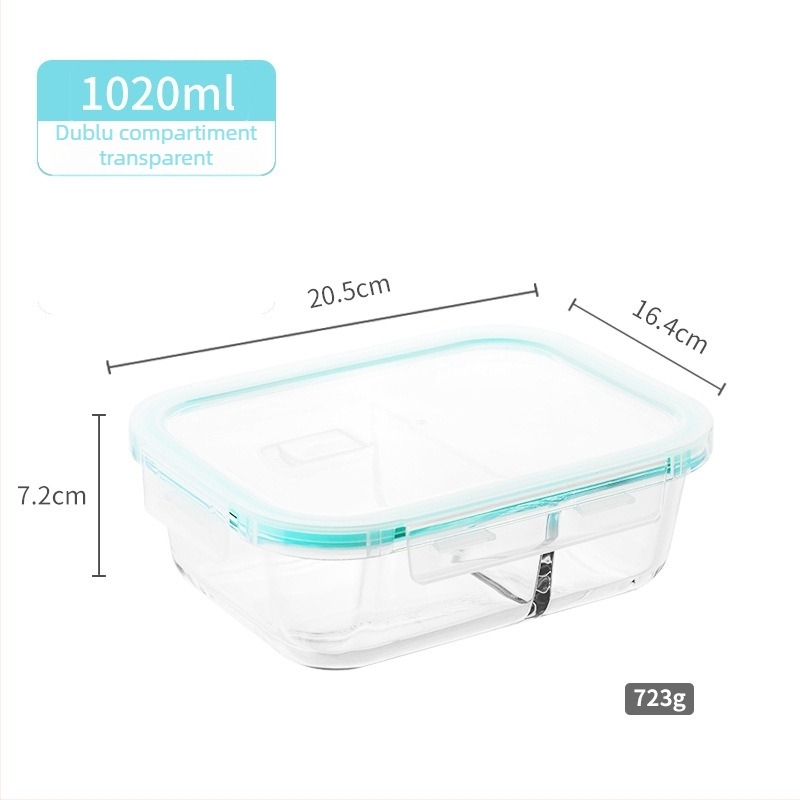 Cutie pentru prânz din sticlă borosilicat, 800–1000 ml, sigură la microunde, dreptunghiulară, rezistentă la căldură, păstrarea prospețimii