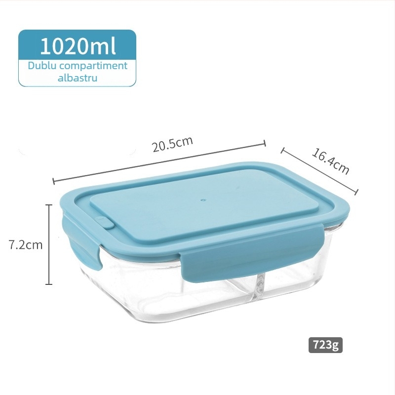 Cutie pentru prânz din sticlă borosilicat, 800–1000 ml, sigură la microunde, dreptunghiulară, rezistentă la căldură, păstrarea prospețimii