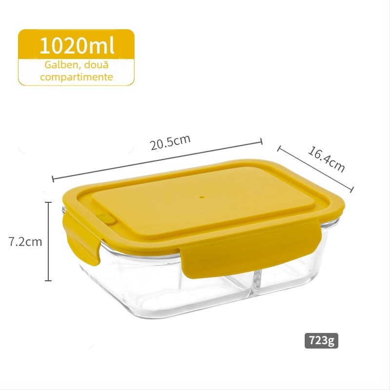 Cutie pentru prânz din sticlă borosilicat, 800–1000 ml, sigură la microunde, dreptunghiulară, rezistentă la căldură, păstrarea prospețimii