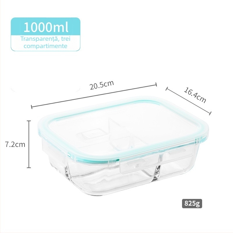 Cutie pentru prânz din sticlă borosilicat, 800–1000 ml, sigură la microunde, dreptunghiulară, rezistentă la căldură, păstrarea prospețimii