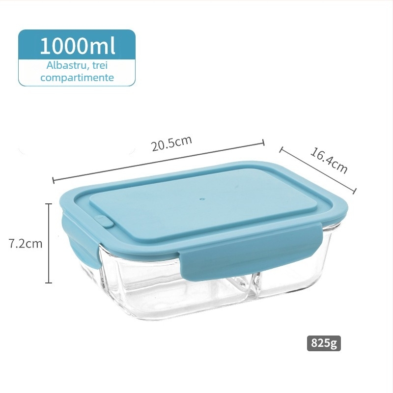 Cutie pentru prânz din sticlă borosilicat, 800–1000 ml, sigură la microunde, dreptunghiulară, rezistentă la căldură, păstrarea prospețimii