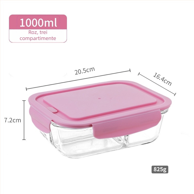 Cutie pentru prânz din sticlă borosilicat, 800–1000 ml, sigură la microunde, dreptunghiulară, rezistentă la căldură, păstrarea prospețimii